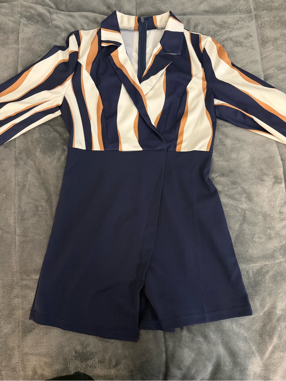 Striped Navy & Cream V-Neck Romper with Mustard Accents